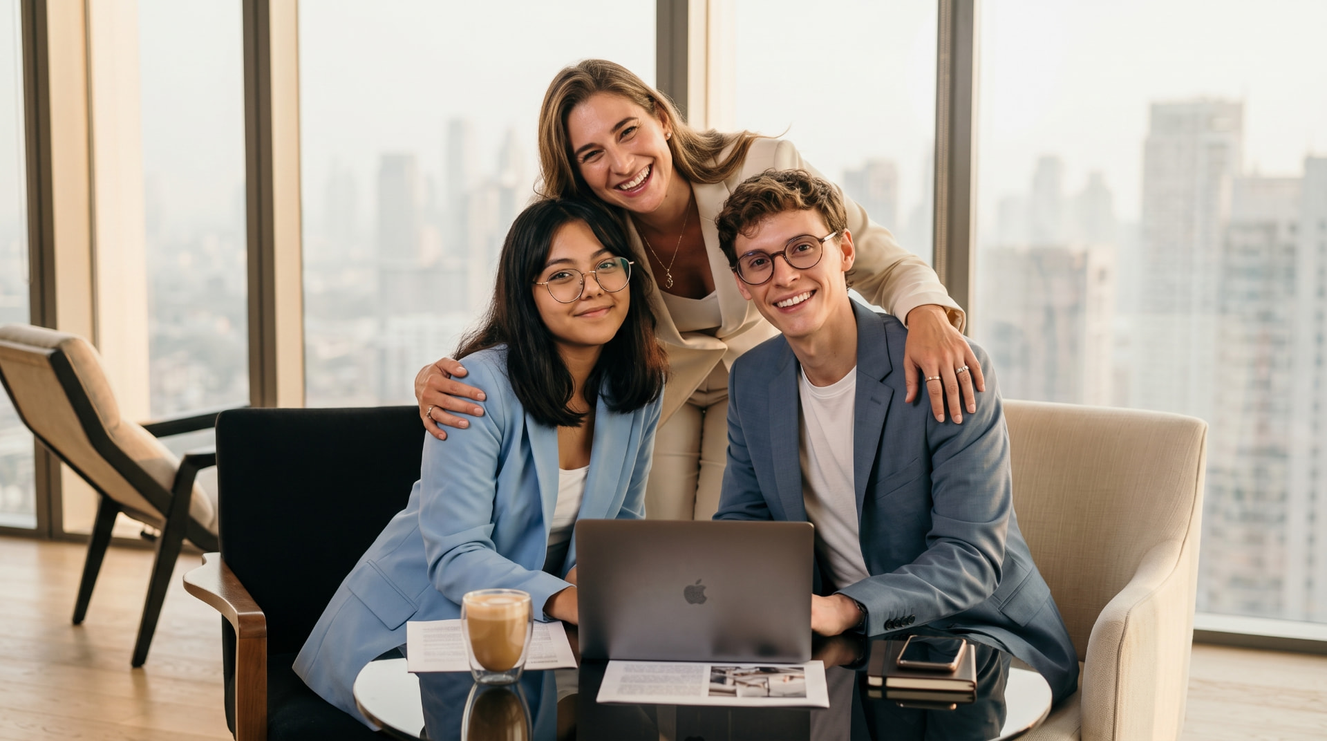 Team of three collaborating on a laptop by a city window