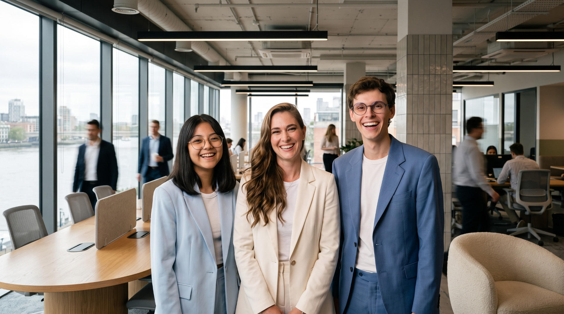 Three teammates smiling together in a modern office