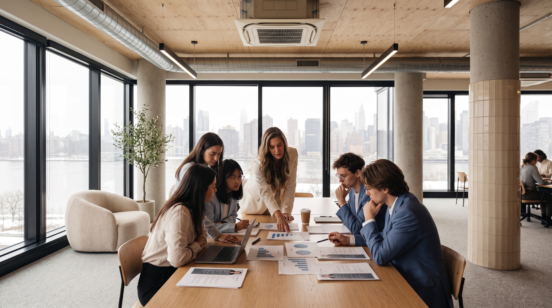 Team reviewing candidate reports around a meeting table